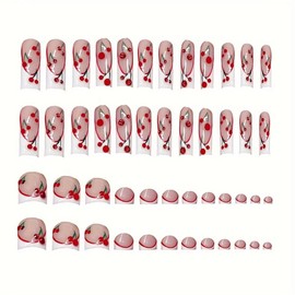 48 Pcs Long Press on Nails Square & Press on Toenails Set, White French Tip Fake Nails with 3D Cherry Design Glue on Toe Nails Short False Toenails Glossy Acrylic Artificial ToeNails for Women
