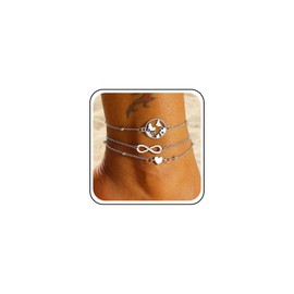 Inilbran Boho Infinity Ankle Bracelet Lucky 8 Anklet Bracelet Layered Love Heart Chain Anklet Silver World Map Circle Anklet Foot Chain Jewelry for Women and Girls 3PC