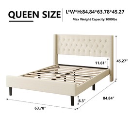 HAOARA Queen Size Platform Bed Frame with Button Tufted Headboard, Modern Wingback with Double-Row Nailhead Trim, No Box Spring Needed, Easy Assembly, Beige Velvet