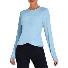 BMJL Womens Workout Tops Blue Long Sleeve Shirts Fall Yoga Hiking Tshirts Cute Crop Tops Gym Thumb Hole(XL,Blue)