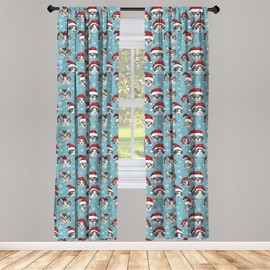 Ambesonne Christmas Window Curtains, Merry Xmas with Heads of Cats and Kittens with Santa's Hats, Lightweight Decor 2-Panel Set with Rod Pocket, Pair of - 28" x 63", Slate Blue Ecru and Vermilion