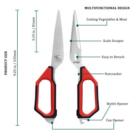 LIVINGO Kitchen Scissors Set All Purpose - Heavy Duty Stainless Steel Come Apart Food Shears for Cutting Meat, Vegetables, Dishwasher safe, 2 Pack, Red Black Multi-Function Handles