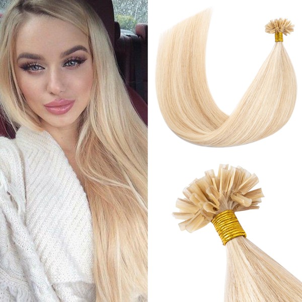 S-noilite Keratin Human Hair Extensions, 50 Strands, 50g, Pre-Bonded U Tip Nail Hair Extensions, 100% Remy Human Hair (45 cm, #18P613 Dirty Blonde Mixed with White Blonde)