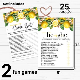 Main Squeeze Bridal Shower Games – 25 Pack, He or She Said and Bride Best Fun Wedding Reception Guest Activities, Couples Engagement Party Games, Lemon Decor Ideas, Double-Sided Card Design