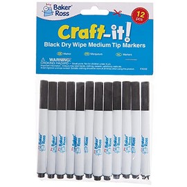 Baker Ross FX332 Erasable Pens Black Dry Wipe Markers for Teachers & School Whiteboards, Line width 2mm, Black, Pack of 12, Pieces