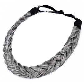 BOBIYA 2 Strand Synthetic Hair Braided Headband Classic Chunky Plaited Braids Elastic Stretch Hairpiece for Women Girl Beauty Accessory (Dark Gray)