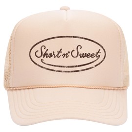 Short n' Sweet Trucker Hat | Trendy Vintage Cute Graphic Pop Girly Concert Tour | Premium Foam Snapback Hat for Men & Women (US, Alpha, One Size, Tan)