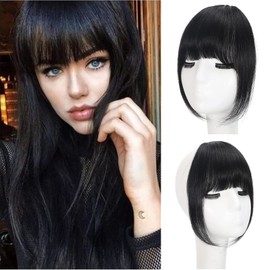 Berracy Bangs Hair Clip in Bangs 100% Real Human Hair Extensions Fake French Bangs Fringe with Temples Curtain Flat Neat Front Thick Hairpieces for Women Kids Daily Wear Wear Black
