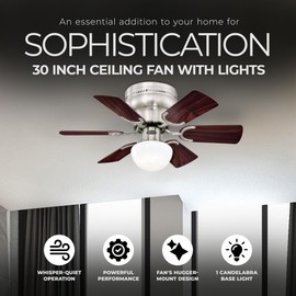 Westinghouse Hadley 30 Inch Brushed Nickel Finish Ceiling Fan with 6 Reversible Blades and Bowl Light Kit with 1 Candelabra Base Light Bulb