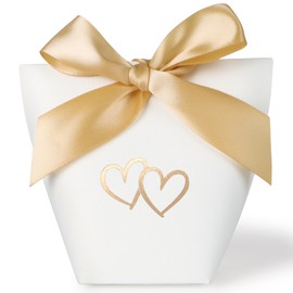 BETESSIN Wedding Favours - Pack of 25 White Guest Gift Boxes with Heart Motif and Champagne Bow - Small Gift Box for Wedding, Christening, Birthday & Celebrations - 6 x 6 x 10 cm