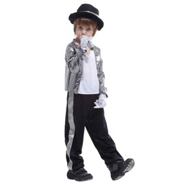 lontakids Kids Boys 80s Costume Michael Cosplay Hip Hop Stage Outfits with Matched Hat Gloves (Medium, Sliver)