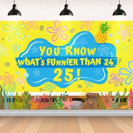 Yellow Sponge Underwater Themed Birthday Party Backdrop 5 x 3Ft Cheers to 25 Years Ocean Sea Theme Banner Photo Booth Background Wall Hanging for Sponge Themed Party Decor Supplies