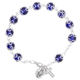 Rosary Decade Bracelet | Glass Beads on Silver-Tone Chain | Miraculous Medal and Cross Charms | Great Catholic Gift for First Holy Communion and Confirmation (Blue)
