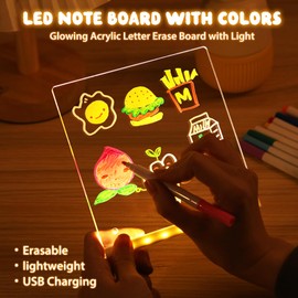 LED Note Board with 7 Colors Pen LED Light Up Writing Message Board Acrylic Drawing Dry Erase Board, 15x15cm Illuminated Doodle Desktop Memo Glow Wordpad with Stand for Kids School Cafe Home Office