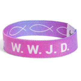 Great 1 WWJD Ichthys Symbol/Jesus Fish Bracelet - What Would Jesus Do Inspirational Religious Christian Reversible Stretch Wristband (Pink-Purple Tie-Dye, Medium)
