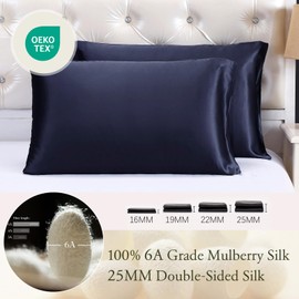 LILYSILK 100% Silk Pillowcase 1PC 25MM Pure Bed Pillowcase for Hair & Skin Terse Envelope Double-Sides Charmeuse Silk, Navy Blue Standard 20x26 inches