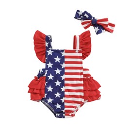Kiluex Newborn Baby Girl Fourth of July Outfits Square Neck Ruffle American Flag Romper Headband My 1st 4th of July Clothes (01Red, 3-6 Months)
