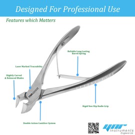Toenail Clippers by YNR Instruments England Podiatry Tool German Forged Cantilever Head Cutter Nail Nippers to Cut Thick Toe Nails - Hospital Grade - 13cm - Spring