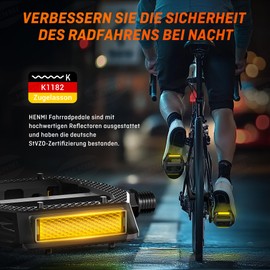 HENMI Bicycle Pedals 9/16 Inch with Reflectors and Non-Slip Nails, MTB Pedals with Sealed Bearings, 2 x 155 g Pedals, 1 Million Pedal Frequencies, Suitable for All Bicycle Types