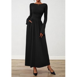 BTFBM Long Sleeve Maxi Dresses for Women 2025 Fall Casual Ruched Boat Neck Flowy Elegant Formal Wedding Guest Dress(Black, Small)