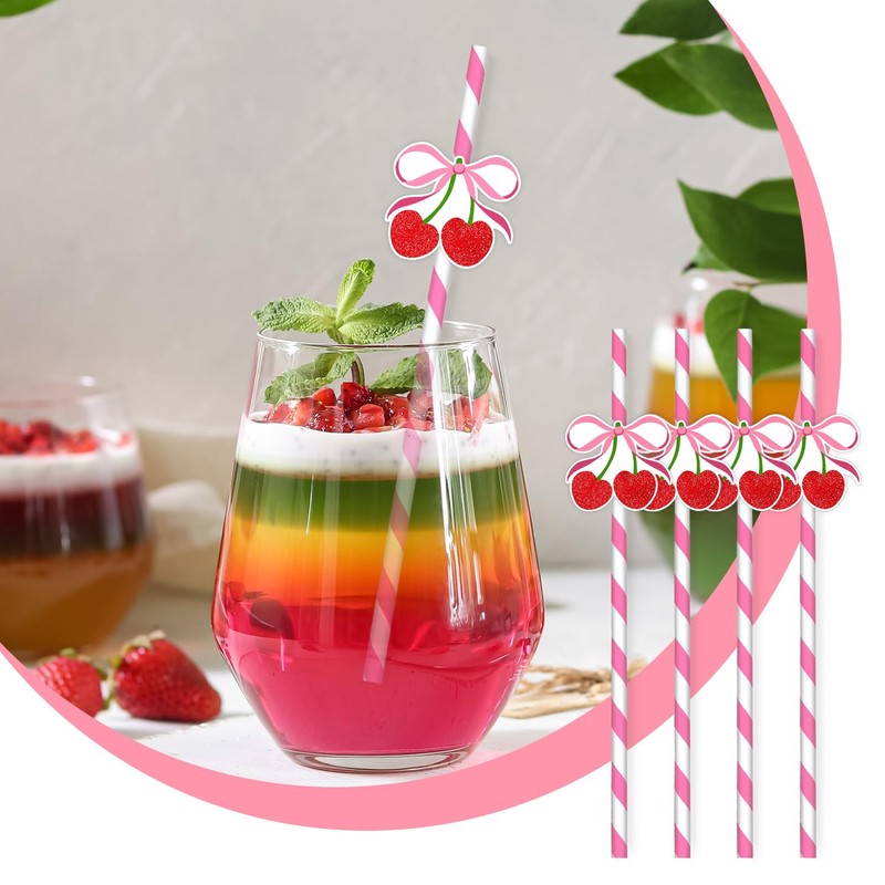 Pink and White Striped Bow Cherry Paper Straws, 50 Pack