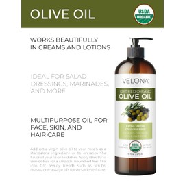 velona USDA Certified Organic Olive Oil - 16 Fl Oz | 100% Pure and Natural Carrier Oil | Extra Virgin, Unrefined, Cold Pressed | Cooking, Dressing, Face, Hair, Body & Skin Care | Use Today - Enjoy Results