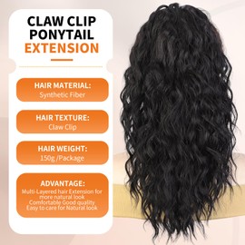 Yacurcur 18" Claw Clip in Ponytail Extensions Curly Wavy Ponytail Hair Extension Synthetic Pony Tails Hair Piece Natural Wavy Hairpieces for Women Black Color