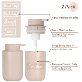 BosilunLife Foaming Soap Dispenser Set - Khaki Ceramic Foam Hand Soap Dispenser 12oz Soap Dispenser Set with Rust Proof Pump, 4Pcs Clear Stickers for Kitchen, Bathroom - 2 Pack