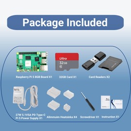 Vemico Raspberry Pi 5 Kit 8GB RAM with 32GB Card Readers Kit, 27W 5.1V5A PD Power Supply for Raspberry Pi 5, Aluminum Heatsinks 4pcs and Raspberry Pi 5 8GB Board