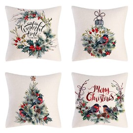 BCKAKQA Christmas Decorative Throw Pillow Covers 18x18 inch Set of 4 Red and Dark Green Cushion Covers 45cm x 45cm Linen Square Pillowcases for Living Room Sofa Couch Bed Cushions