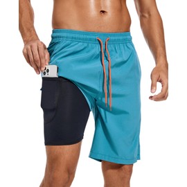 difficort Mens Swim Trunks Quick Dry Bathing Suit 9 inch Inseam Board Shorts with Compression Liner and Zipper Pocket,Peacock Blue,Small