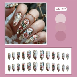24Pcs Medium Almond Press on Nails Spring Flower Fake Nails with Peony Design Metal Leaf Glue on Nails Gold Glossy Acrylic Nails Reusable Plant False Nails for Women DIY Manicure Decorations
