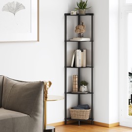 SUNMORY 5 Tier Corner Shelf Stand,Industrial 65" Corner Shelves Display Shelf for Living Room Decor,Wall Corner Bookshelf Multi Unit Organizer,Tall Shelf Plant Stand for Bedroom,Bathroom,Black
