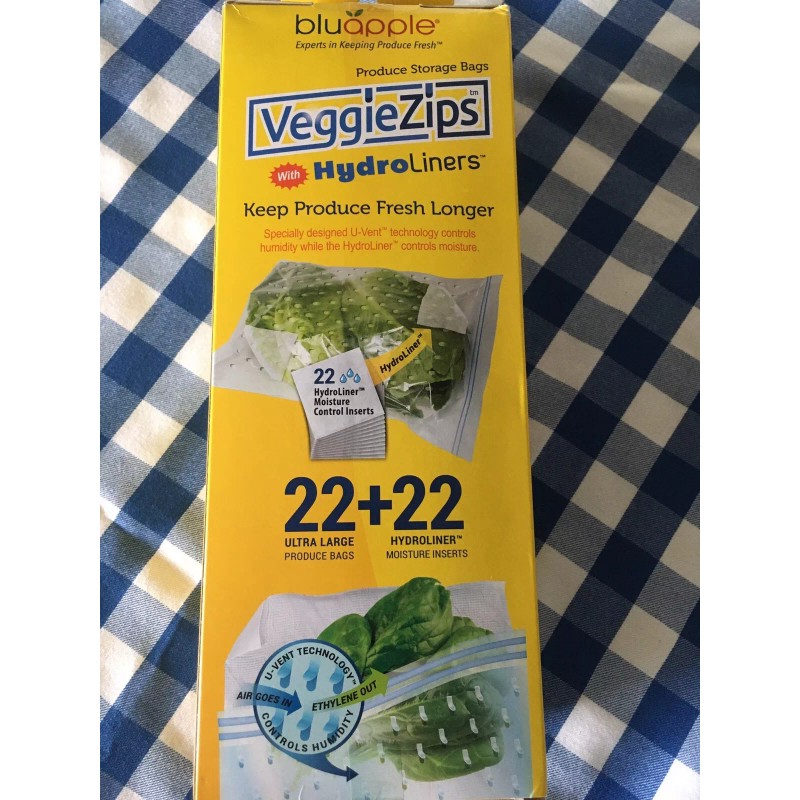 Bluapple VeggieZips 22 Produce Bags + Hydro Liners Keep Veggies