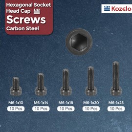 Kozelo 50pcs M6 Socket Head Cap Screws Bolts Nuts Assortment Kit - [M6x10/14/18/20/25mm] Alloy Steel Fully Threaded Black Oxide 12.9 Internal Hex Screw for 3D Printer Use