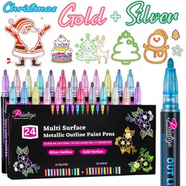 PAINTIGO 24 Double Line Outline Markers,Colors Super Squiggles Shimmer Outline Marker Set, Self Outline Metallic Glitter Drawing Markers Pens for Card Making, Christmas Greeting Card, DIY Art Crafts