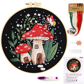Embroidery Kit for Adults Beginners, Red Mushroom Embroidery Starter Kit with Butterfly Flower Pattern, Cross Stitch Kits Include Embroidery Cloth Hoops Needles Instruction and Threader
