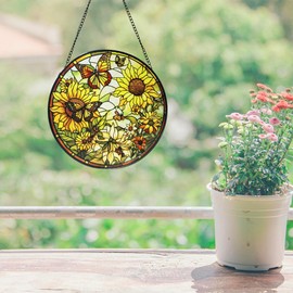 Sunflower Hanging Stained Glass for Windows,Hand-Painted Sun Catcher Garden Hangings，7.9 inch