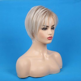 Baruisi Short Blonde Pixie Wig for Women Layered Natural Synthetic Wig with Bangs Heat Resistant Replacement Cosplay Wig