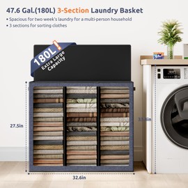 SOLEDI 180L 3-Section Laundry Hamper with Lid, Extra Large Dirty Clothes Basket with Sturdy Handles for Laundry Room & Bedroom - Durable Organizer for Sorting Laundry
