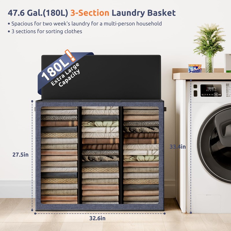 SOLEDI 180L 3-Section Laundry Hamper with Lid, Extra Large Dirty