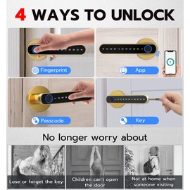 eLinkSmart Fingerprint Door Knob Lock, Smart Keyless Entry Door Lock with Code Keypad Handle, Biometric Electronic Security Locking Door Lever Locks for Bedroom Interior Indoor Room - Gold