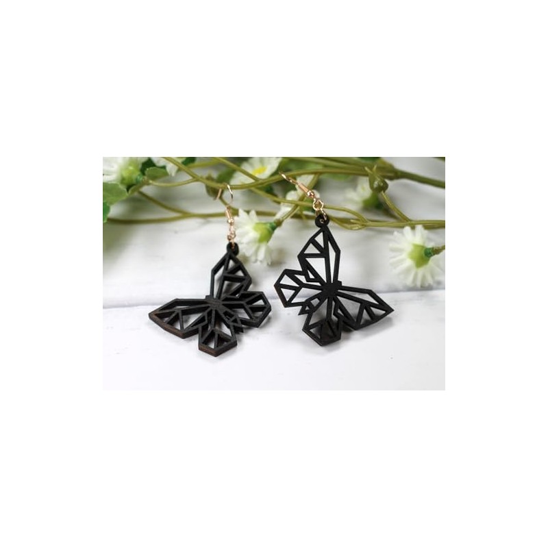 Geometric Butterfly Earrings in Black - Rustic Wood Earrings with