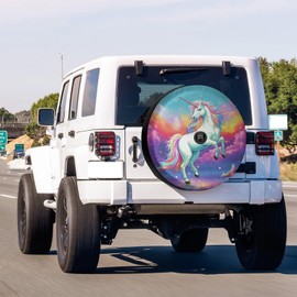 Delerain Spare Tire Cover with Backup Camera Hole White Unicorn Rainbow Wheel Covers Waterproof Dust-Proof UV Sun Universal Fit for RV Trailer RV SUV Truck (17 Inch for Diameter 31"-33")