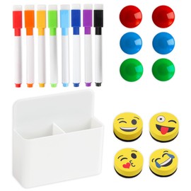 X-BLTU 19 Pcs Whiteboard Markers Set, 8 Colors Erasable White Board Pen, 1 Magnetic Pen Holder Organizer, 4 Cute Whiteboard Eraser, 6 Fridge Magnets, fit for Students Teachers School Office Home