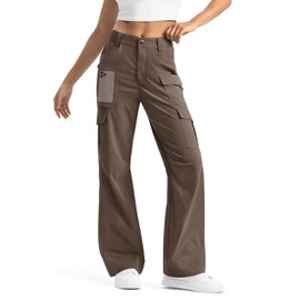 Moosehill Women's-Cargo-Hiking-Pants-High-Waisted Wide Leg Water Resistance Lightweight Stretch for Work Casual Outdoor (Brown, 14, 32")