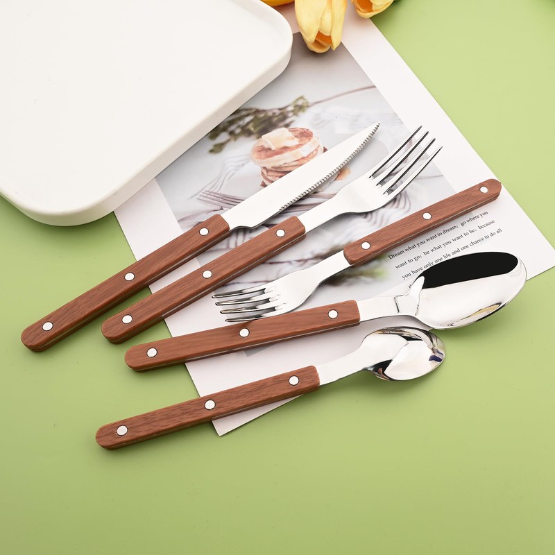 20 Pieces Forged Silverware Set for 4, Stainless Steel Wooden