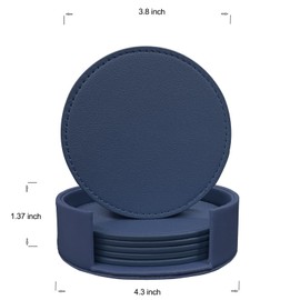 KEMMPER Coasters Set of 6 Soft Leather Drink Coaster Round Coaster with Sewing Around, Suitable for Various Cups, Wooden Tables,Home Decoration,4 Inches (Navy Blue)