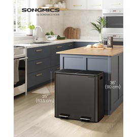 SONGMICS Trash Can, 2 x 10.6 Gallon (2 x 40 L) Garbage Can for Kitchen, with 15 Trash Bags, 2 Compartments, Plastic Inner Buckets and Hinged Lids, Airtight, Slate Gray ULTB730G01V1