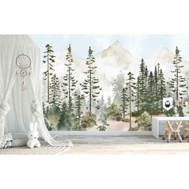 Watercolor Pine Tree Forest Mountains Peel and Stick Wallpaper Self Adhesive Nursery Décor Fabric Woodland Decal - Custom Sizes Mural #3195 (12" H x 12" W Sample, Blue Sky)